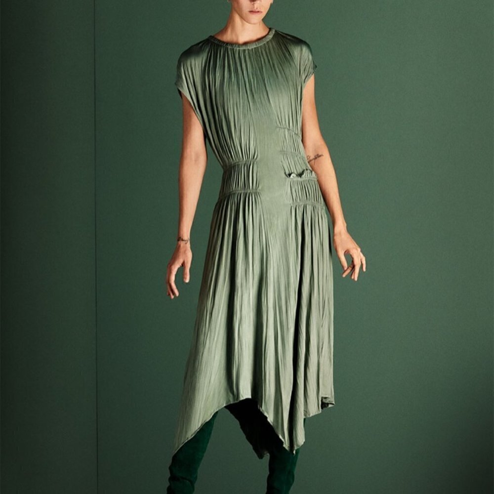 Nwt Zara Green New Midi Asymmetric Wrinkle Look Cocktail Dress Small